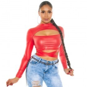 KouCla Leather Look Wrap Crop Top - Red