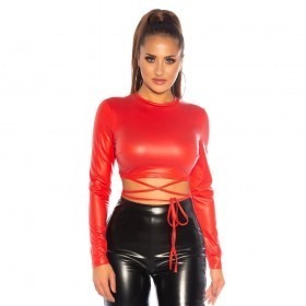 KouCla Leather Look Wrap Tie Crop Top - Red