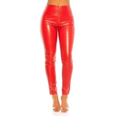 KouCla High Waist Leather Look Zip Trousers - Red