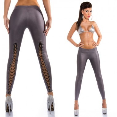 KouCla Wet Look Leggings With Back Lace Up - Gray