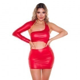 KouCla Leather Look One Shoulder Mini Dress - Red
